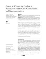 Evaluative Criteria for Qualitative Research in Health Care: Controversies and Recommendations